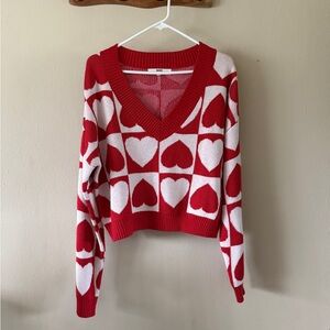 Red & White Heart-Print V-Neck Sweater